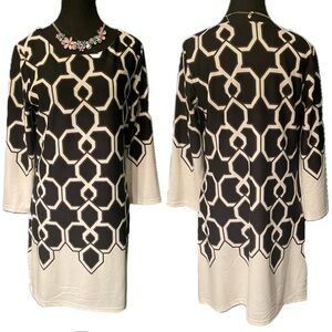 Aryeh Anthropologie B&W Retro Geometric 3/4 Sleeve Pullover Midi Shift Dress L